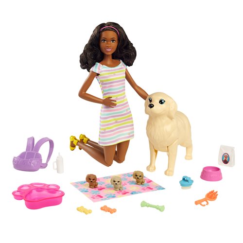Barbie with Brunette Hair and Newborn Pups Playset